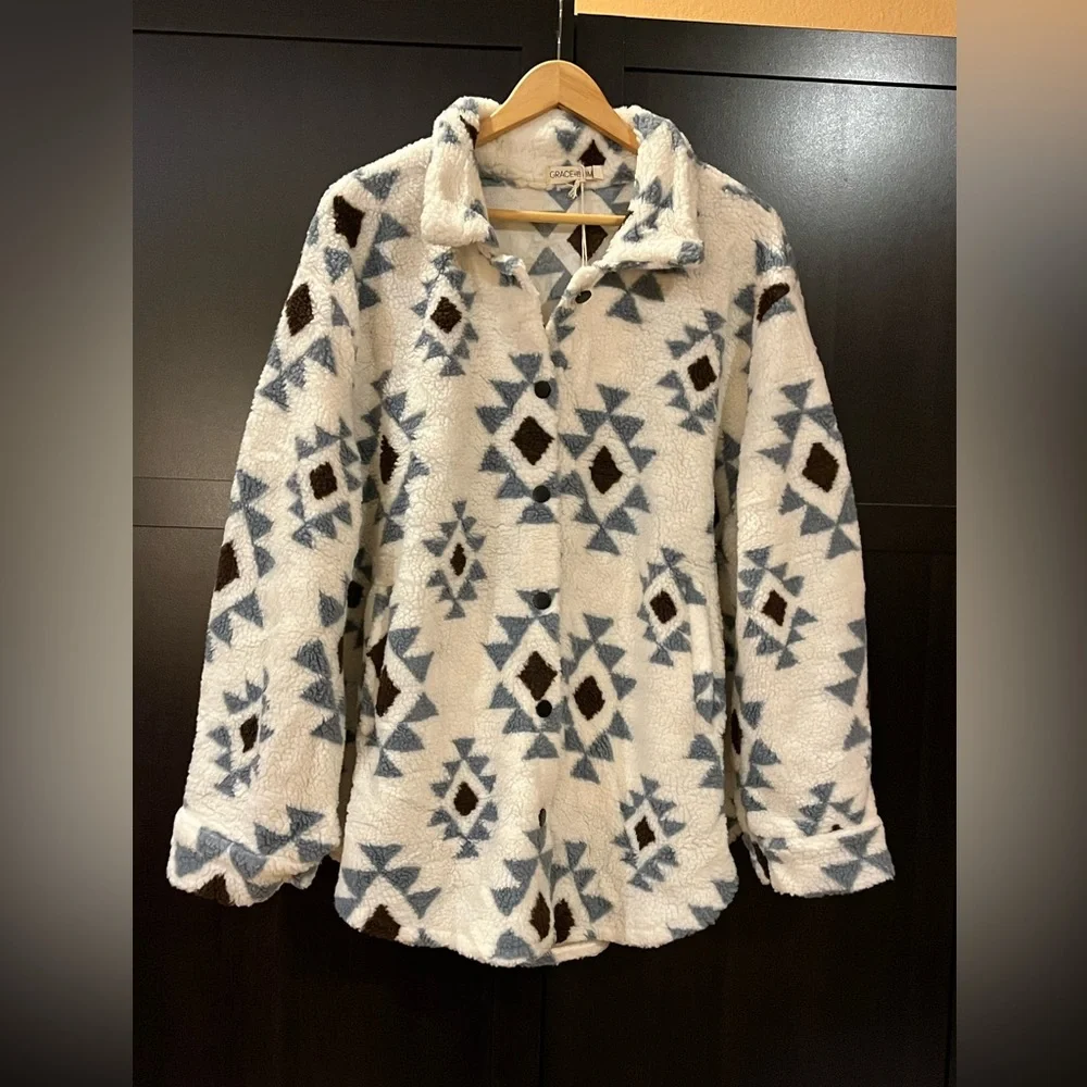 Grace & Emma "She Could Be The One" ivory aztec pattern sherpa jacket. 2XL. NWT - Picture 5 of 14